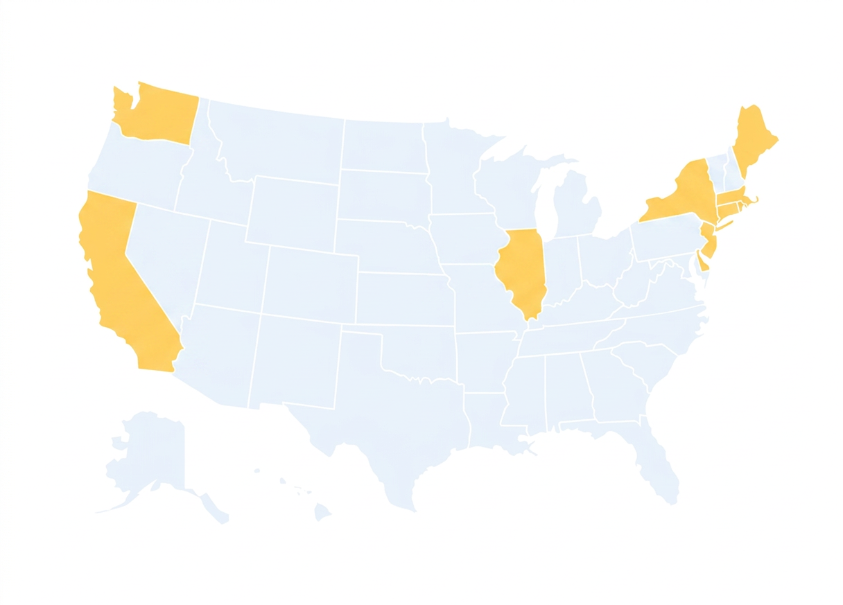 United States map highlighting states with workplace harassment prevention training requirements