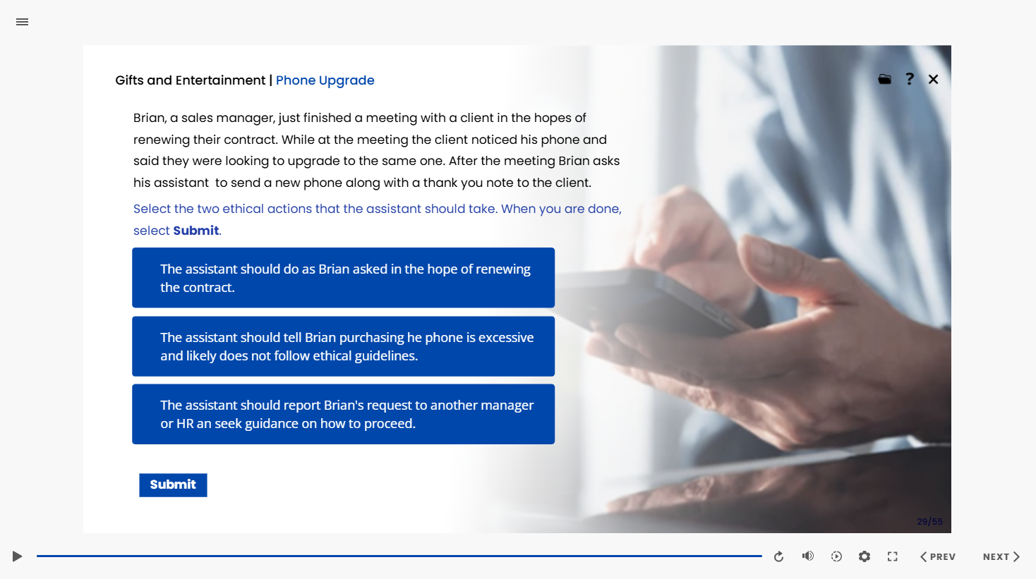 Customized Code of Conduct training scenario about a supplier offering a phone upgrade